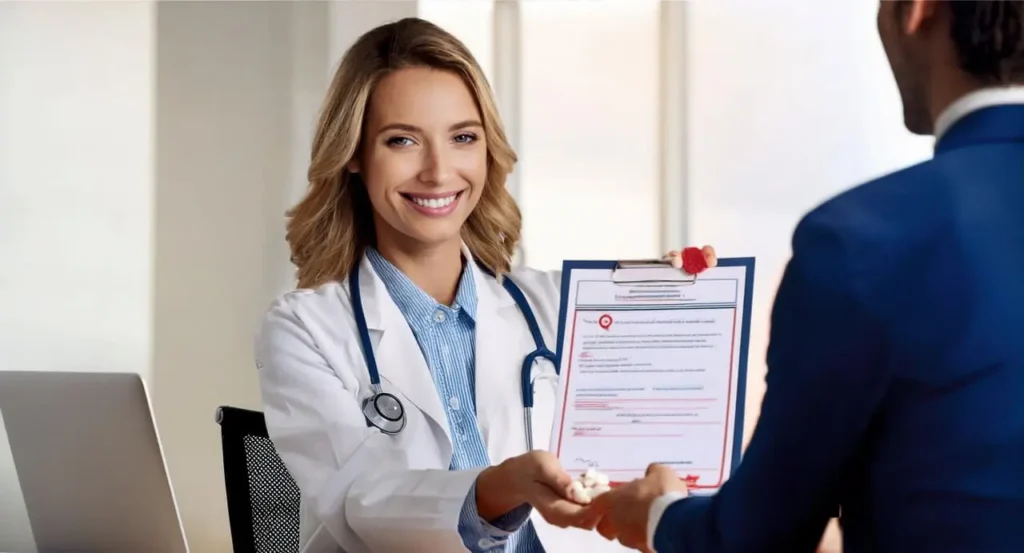 Female doctor handing medical certificate to business professional.