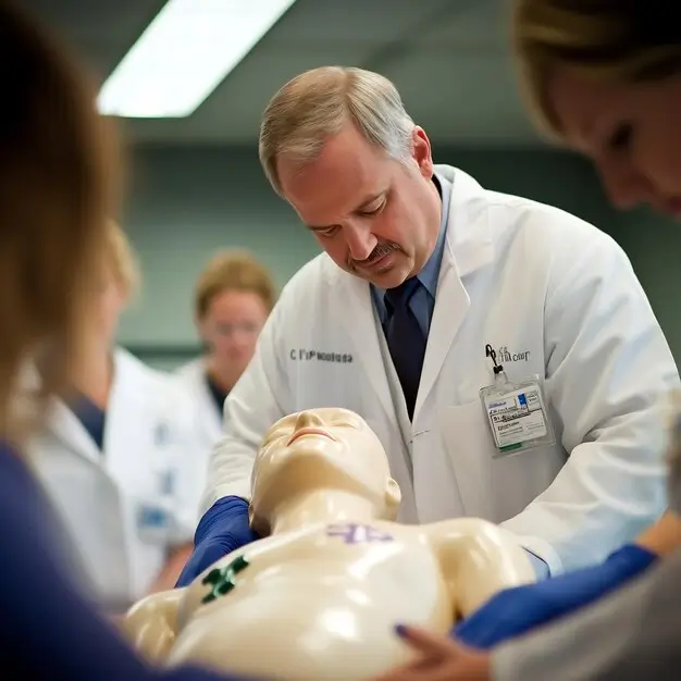 Instructor demonstrating CPR techniques on a mannequin during training.