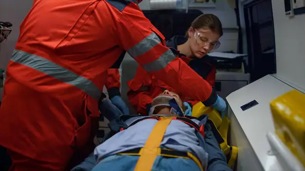 Paramedics treating an injured patient inside a well-equipped ambulance.