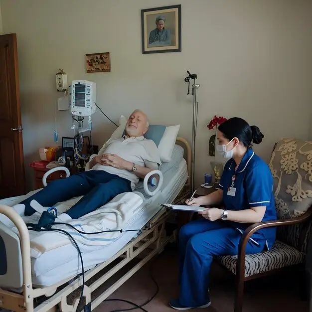 Home nurse monitoring an elderly man receiving medical care in bed.